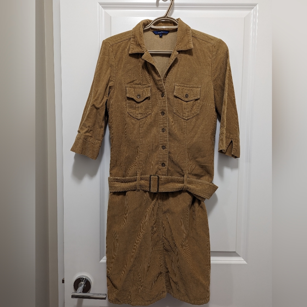 REITMANS | corduroy drop waist belted dress, size 5, cognac light brown